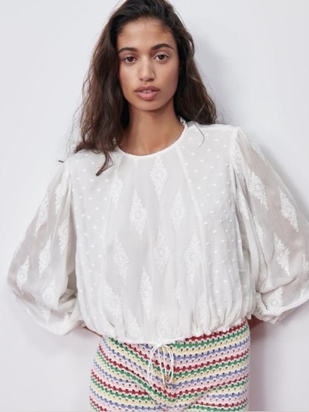 Zara Women’s Cream Embroidered Long-Sleeve Blouse